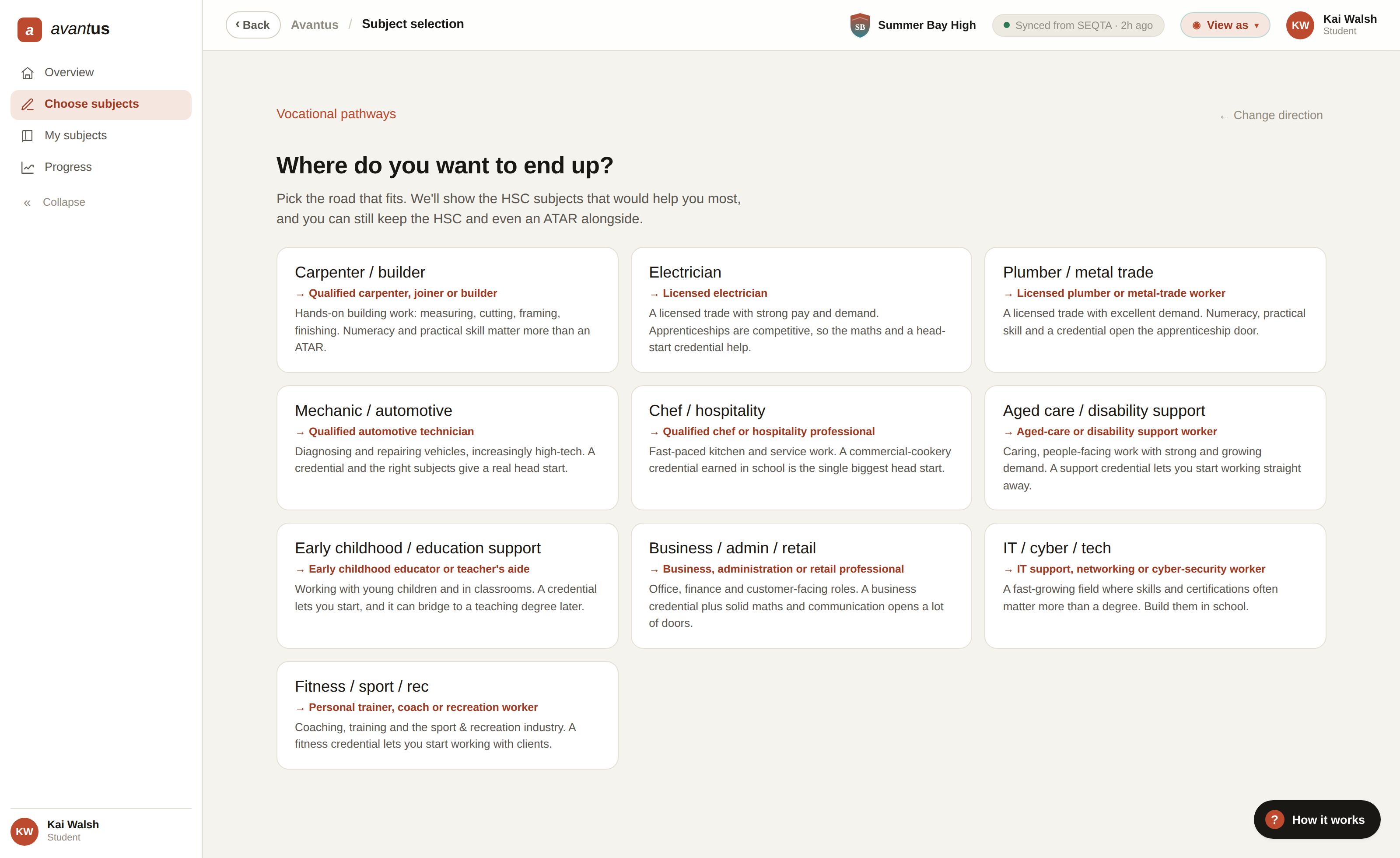 The Avantus vocational pathways tool: a chosen trade destination mapped to the HSC subjects and VET credential that lead there